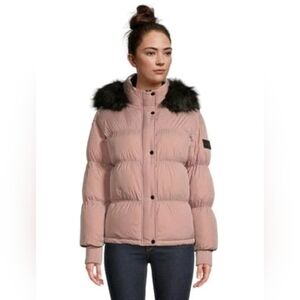 Calvin Klein Blush Puffer Jacket with Black Faux Fur